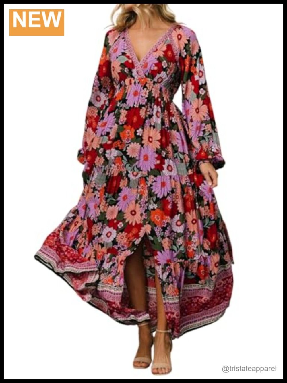 Boho Floral Print Flowy Slit Maxi Dress Long Sleeve V Neck
